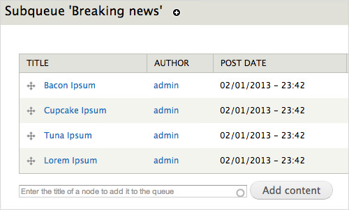 Модуль Nodequeue для Drupal, позволяющий редакторам управлять различными списками контента для вывода на сложных посадочных страницах